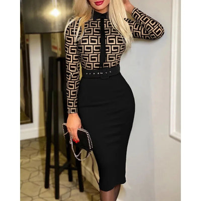 Fashionable Women's Printed Tight A-line Skirt Sexy Suit Collar Dress Wrapped Buttocks For Women With Belt