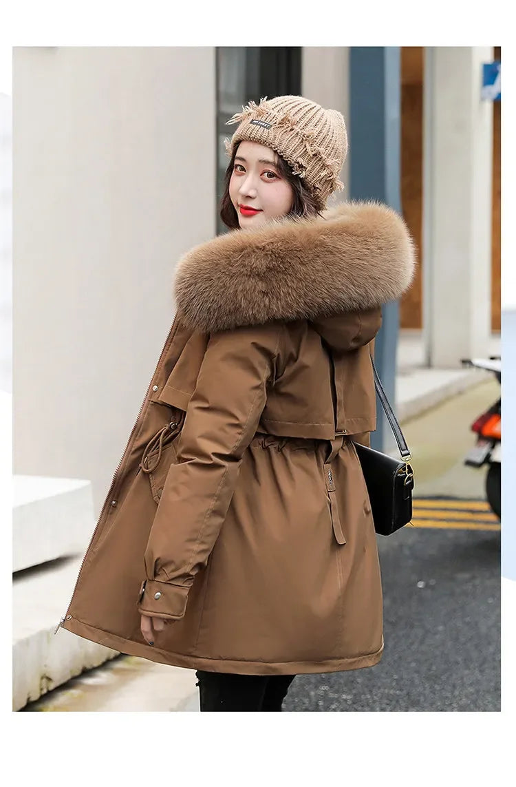 Women Parka Fashion Long Coat Wool Liner Hooded Parkas 2024 New Winter Jacket Slim with Fur Collar Warm Snow Wear Padded Clothes