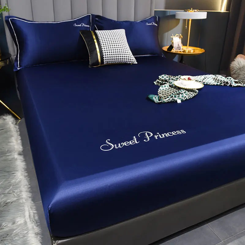 Blue Elastic fitted sheet mattress protector cover satin bedspread bed linens rayon bed sheet single double queen king size 90
