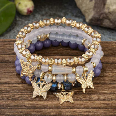 4Pcs Bohemian Butterfly Charm Bracelet Set For Women Crystal Beads Chain Bangle Female Fashion Party Jewelry Gift