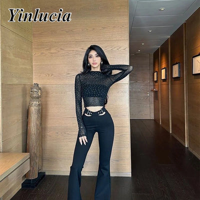 Shiny Sequin Elastic Slim Tee Navel Tops Women Blouses Sexy Mesh Sunscreen Shirt Blouse Hot Babes Pullover Y2K Street Wear