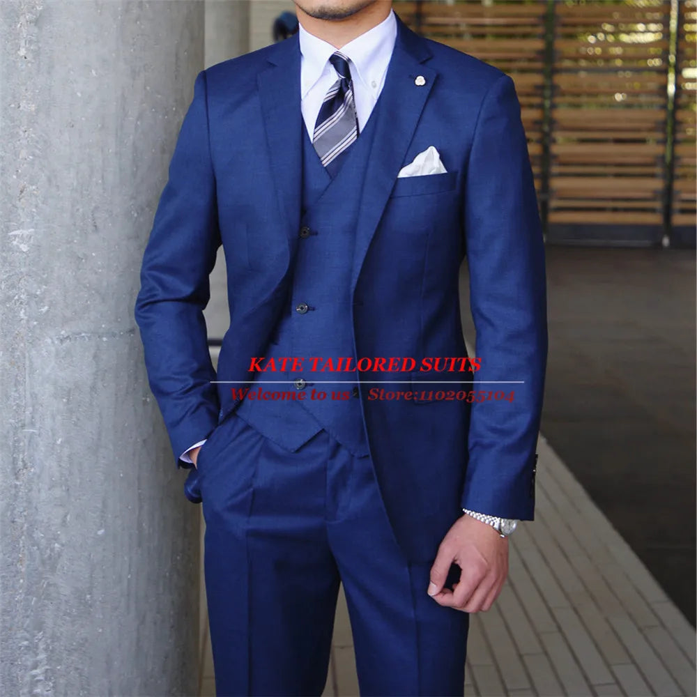 England Style Suit Men For Wedding Regular Single Breasted Blazer Royal Blue Groom Party Tuxedo 3 Pieces Business Office Wear