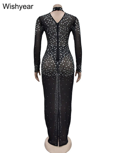 Wishyear Luxury Evening Sparkly Rhinestone Diamonds Mesh Maxi Dress Women‘s Elegant Guest Birthday Sexy Night Party Club Vestido