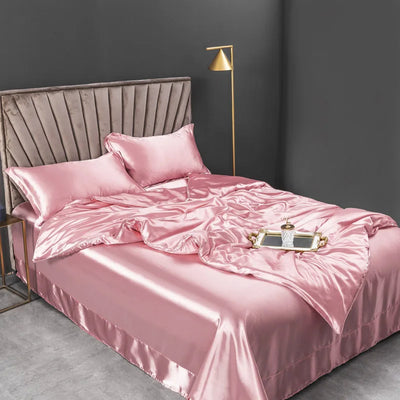 Comfortable Summer Real 100% Silk Satin Bedding Set with Duvet Cover Bed Sheet Pillowcases Luxury Quilt Grade A Bed Linen Set