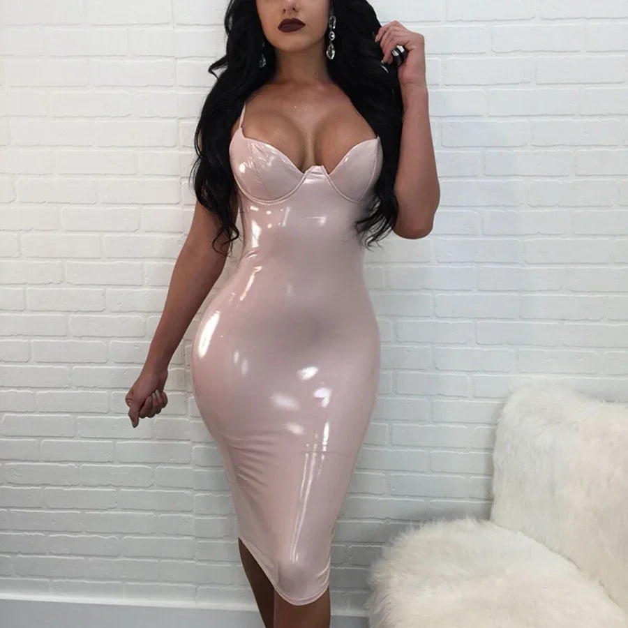 Hot New Summer Dress Women Sexy Party Club Dress New Robe Femme PU Dress Latex Glossy Sexy Bodycon Midi Dress M-4XL