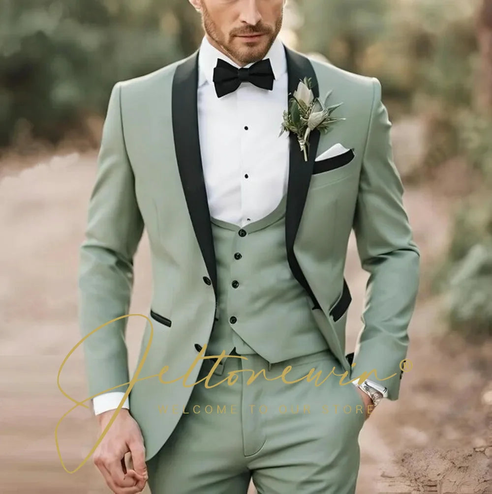 Elegant Light Green Formal Wedding Men Suit Groom Tuxedo Prom Slim Fit Blazer Hombre High Quality Custom 3 Piece Costume Homme