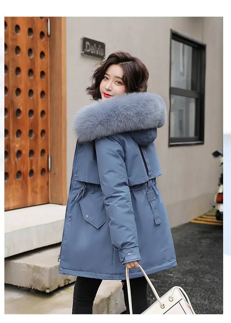 Women Parka Fashion Long Coat Wool Liner Hooded Parkas 2024 New Winter Jacket Slim with Fur Collar Warm Snow Wear Padded Clothes