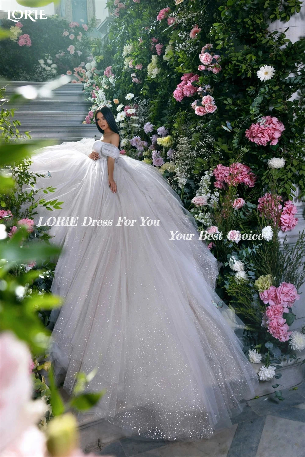 LORIE Glitter Tulle Wedding Dresses Off Shoulder Shiny Puffy Pleated Prom Bridal Gown Sparkly Ball Pageant Customized Bride Gown