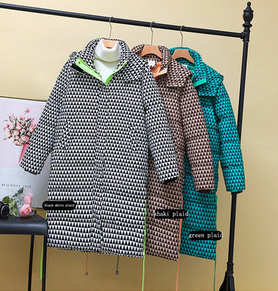 KBAT 2024 Winter Warm Parka Plaid Long Sonw Coat Women's Fashion Thicken Hooded Puffer Jacket Female Windproof Warm Outwear