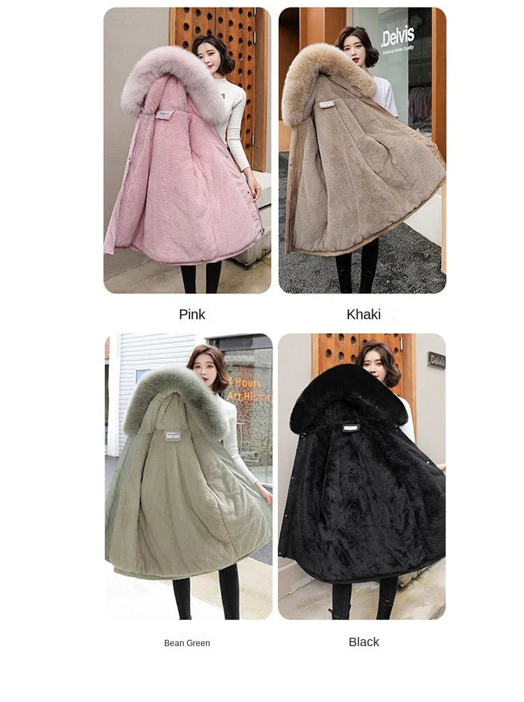 Women Parka Fashion Long Coat Wool Liner Hooded Parkas 2024 New Winter Jacket Slim with Fur Collar Warm Snow Wear Padded Clothes