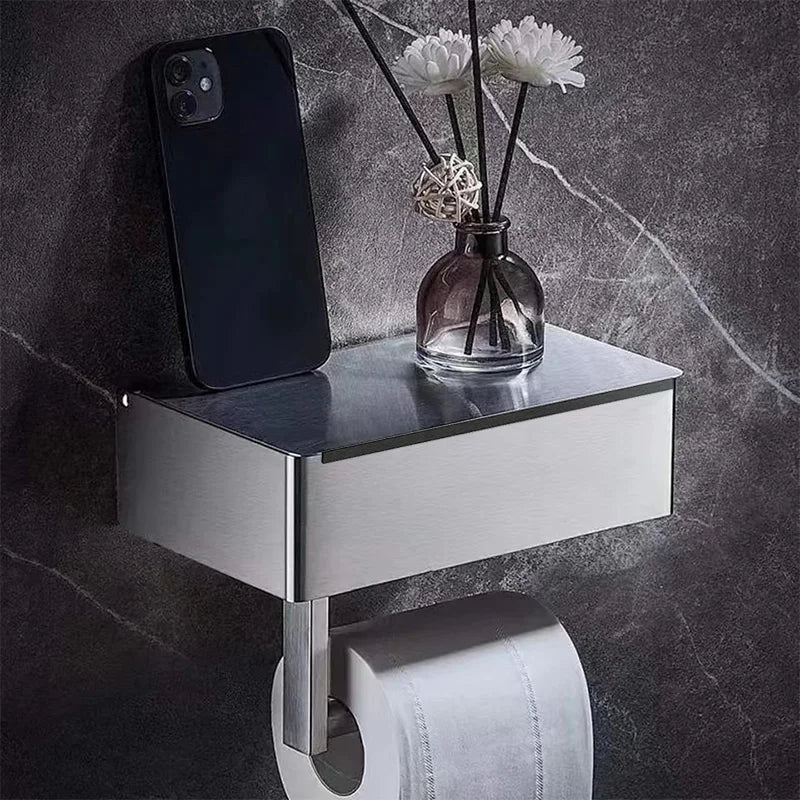 Silver Toilet Roll Holder Bathroom Paper box Storage Holder Wall Mounted Tissue Paper Rack  Wipes Dispenser Phone Storage Shelf