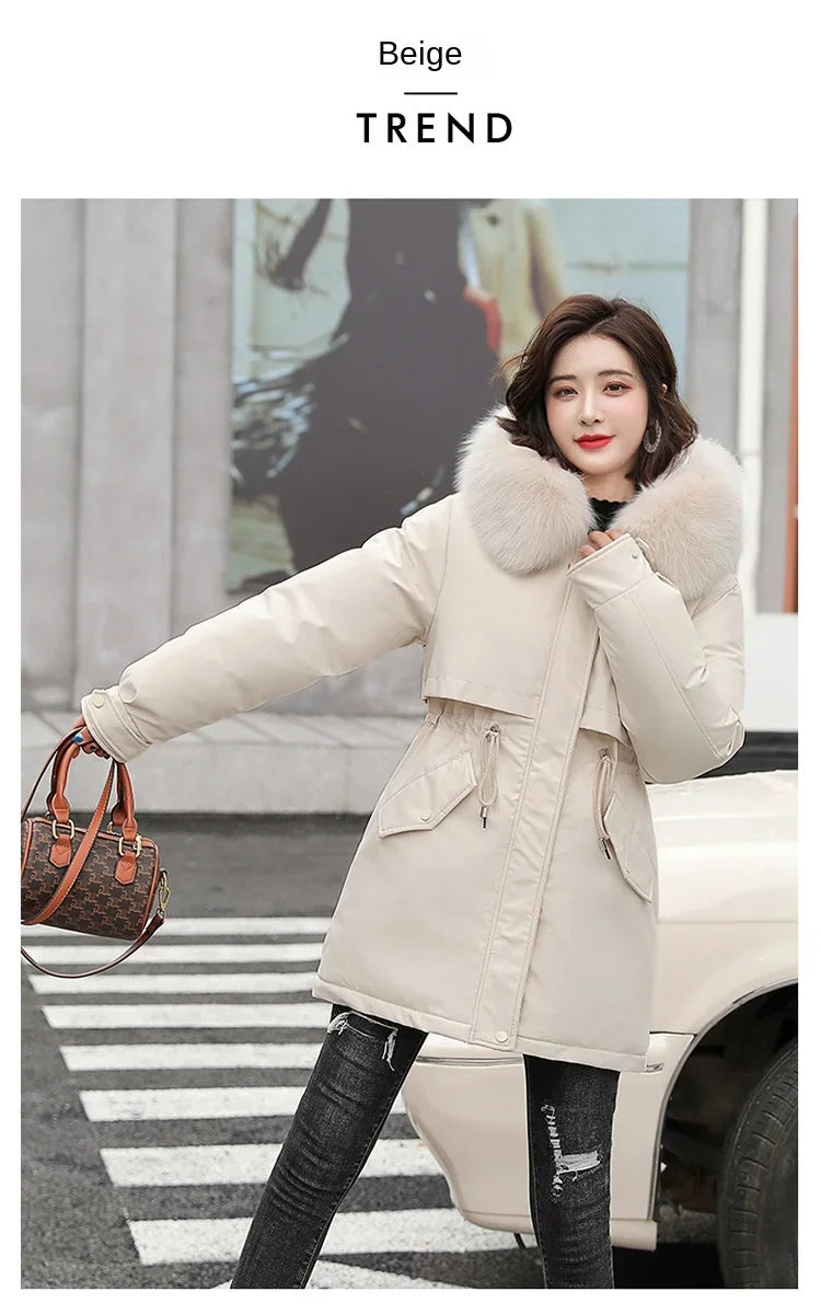 Women Parka Fashion Long Coat Wool Liner Hooded Parkas 2024 New Winter Jacket Slim with Fur Collar Warm Snow Wear Padded Clothes