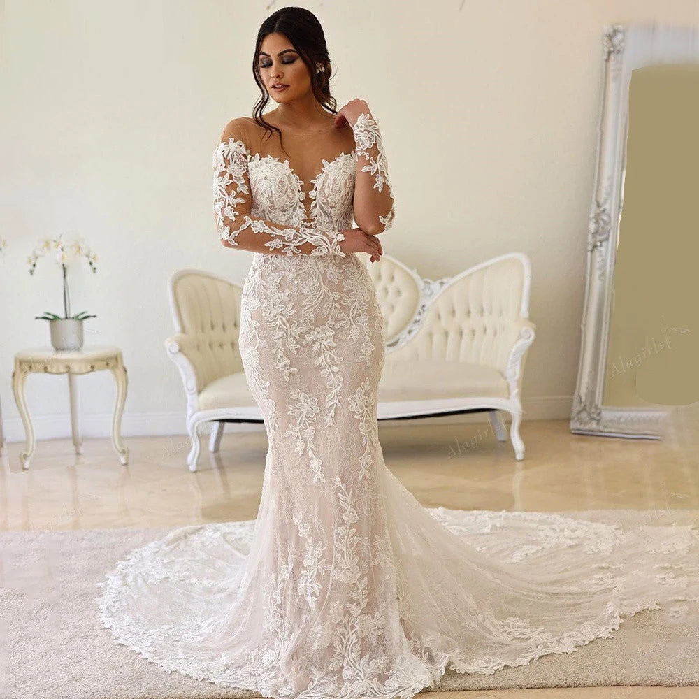 Aviana Long Sleeve Beach Mermaid Wedding Dresses Lace Appliques Sheer O Neck Bridal Dress Illusion Wedding Gowns Robe Mariage