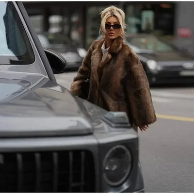 Women Chic Deep Brown Lapel Plush Faux Fur Loose Long Coats Fashion Full Sleeves Warm Jacket Autumn Winter Female New Streetwear