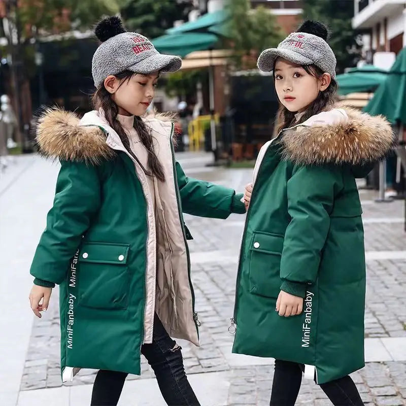 Winter Jackets For Girl Thick Warm Long Coats Kids Hooded Fur Collar Heavy Outerwear Big Children Cold Weather Parka Snowsuit