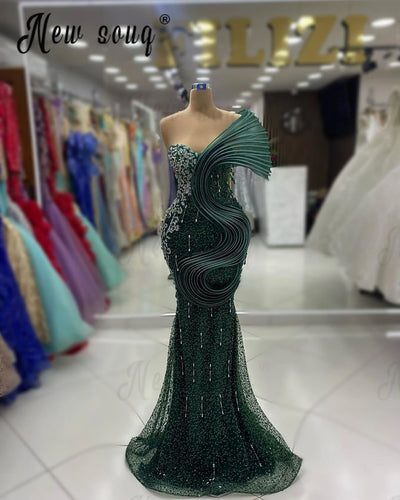 Emerald Green Formal Occasion Dresses Dubai 2024 Robes Bal De Promo Ruffles Sparkly Sequins Evening Prom Gowns Vestidos De Gala