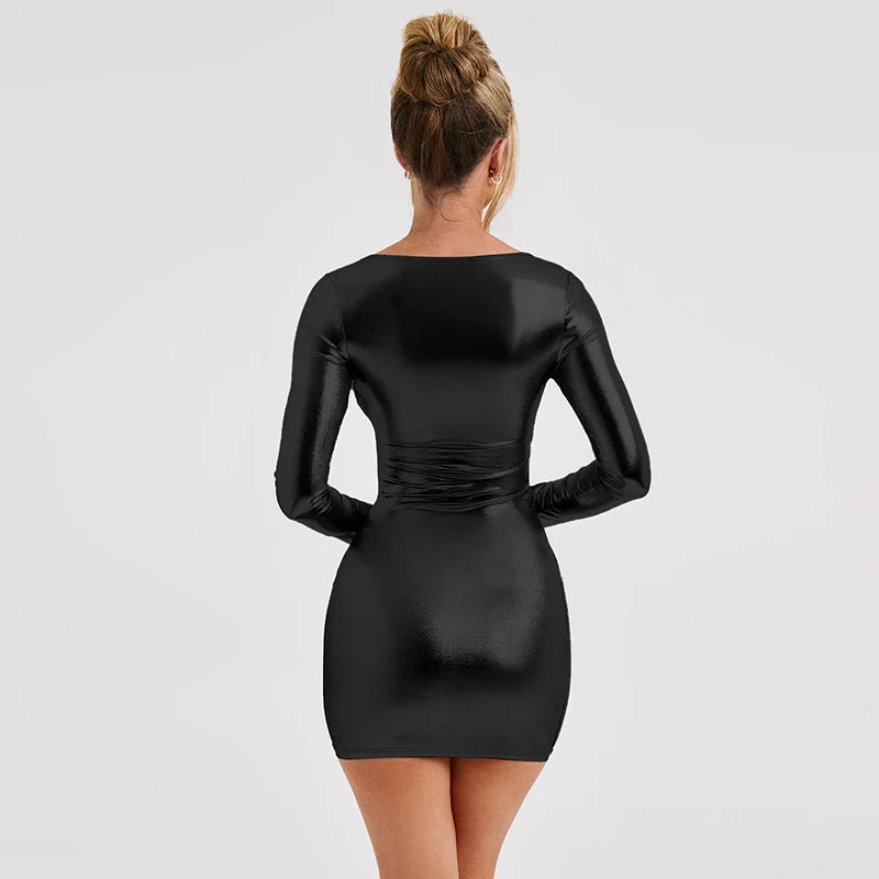 Dulzura Faux Leather Long Sleeve Mini Dress For Women Bodycon Sexy Party Streetwear Clubwear Spring Summer Y2K Outfits Wholesale