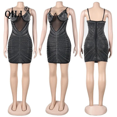 QILI-Women's Sleeveless Mini Dress, Spaghetti Strap, Diamonds, Rhinestone, Club, Party