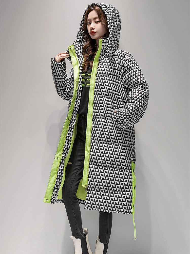 KBAT 2024 Winter Warm Parka Plaid Long Sonw Coat Women's Fashion Thicken Hooded Puffer Jacket Female Windproof Warm Outwear