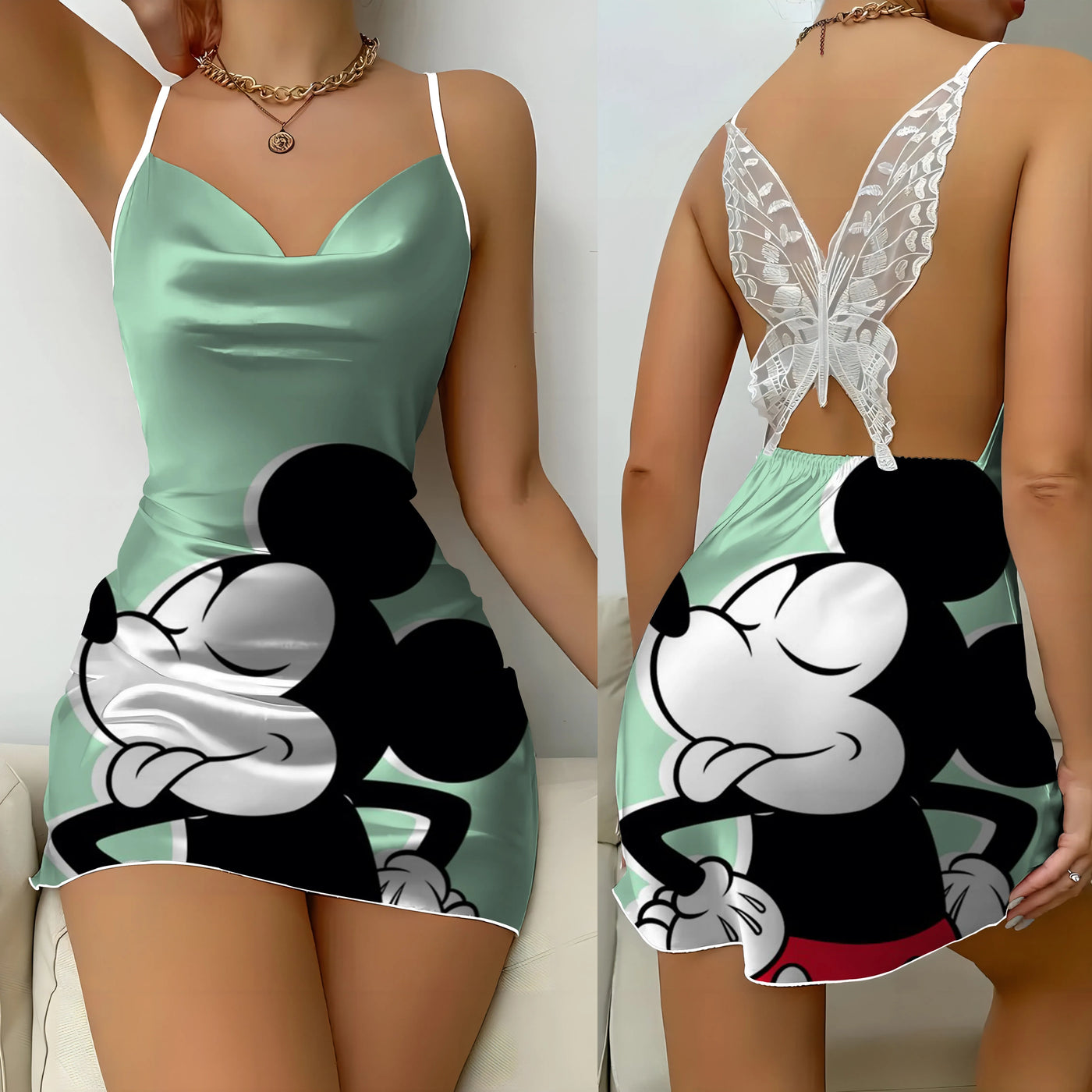 Minnie Mouse Bow Knot Party Dresses Disney Mickey Satin Surface Backless Dress Pajama Skirt Womens Fashion Summer 2024 Mini Sex