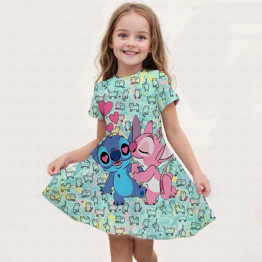 MINISO Summer New Girl Disney Stitch Dress Cartoon Cute Print Women's Dress Girl Short sleeved Princess Dress