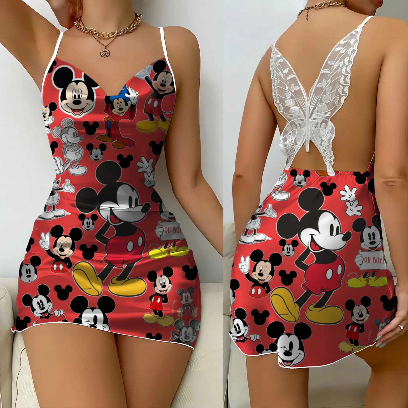 Minnie Mouse Bow Knot Party Dresses Disney Mickey Satin Surface Backless Dress Pajama Skirt Womens Fashion Summer 2024 Mini Sex