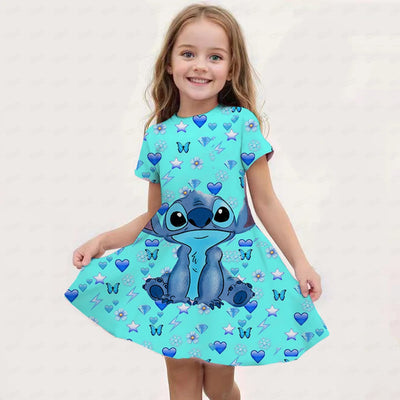 MINISO Summer New Girl Disney Stitch Dress Cartoon Cute Print Women's Dress Girl Short sleeved Princess Dress