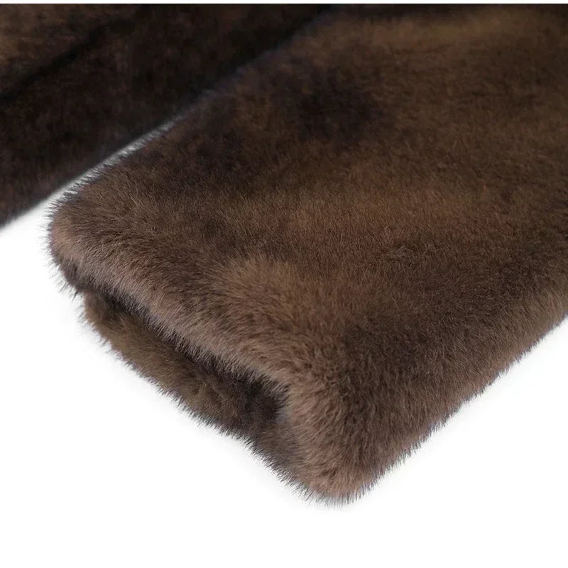 Women Chic Deep Brown Lapel Plush Faux Fur Loose Long Coats Fashion Full Sleeves Warm Jacket Autumn Winter Female New Streetwear