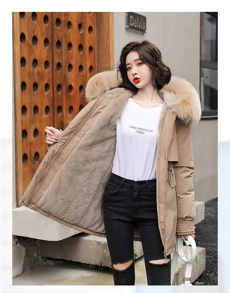 Women Parka Fashion Long Coat Wool Liner Hooded Parkas 2024 New Winter Jacket Slim with Fur Collar Warm Snow Wear Padded Clothes