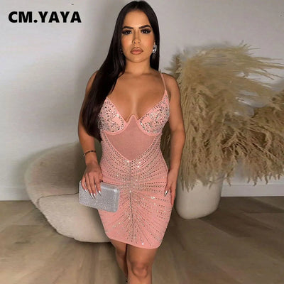 CM.YAYA Women Rhinestones Hot Drilling Mesh See Though Patchwork Midi Mini Dress Crystal Party Dresses Night Out Robes Vestidos