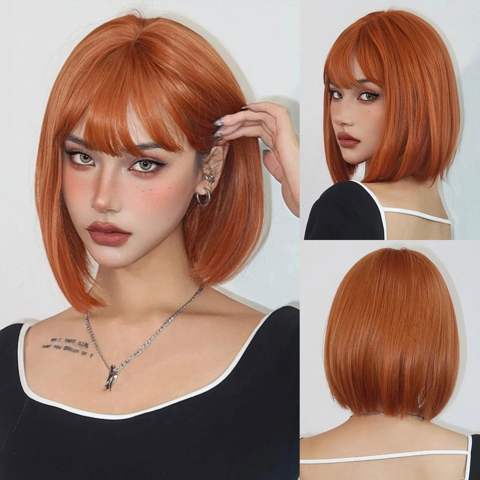 Straight Bob Synthetic Wigs Dark Brown Hair with Bangs for Women Shoulder Length Wig Daily Use Heat Resistant Korean Hairstyle