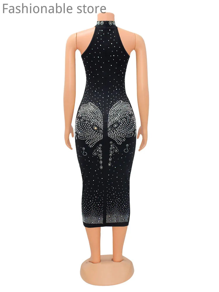 Women Sexy Halter Sleeveless Rhinestone Decor Bodycon Dress Back Zipper Slim Night Club Dresses Vestido