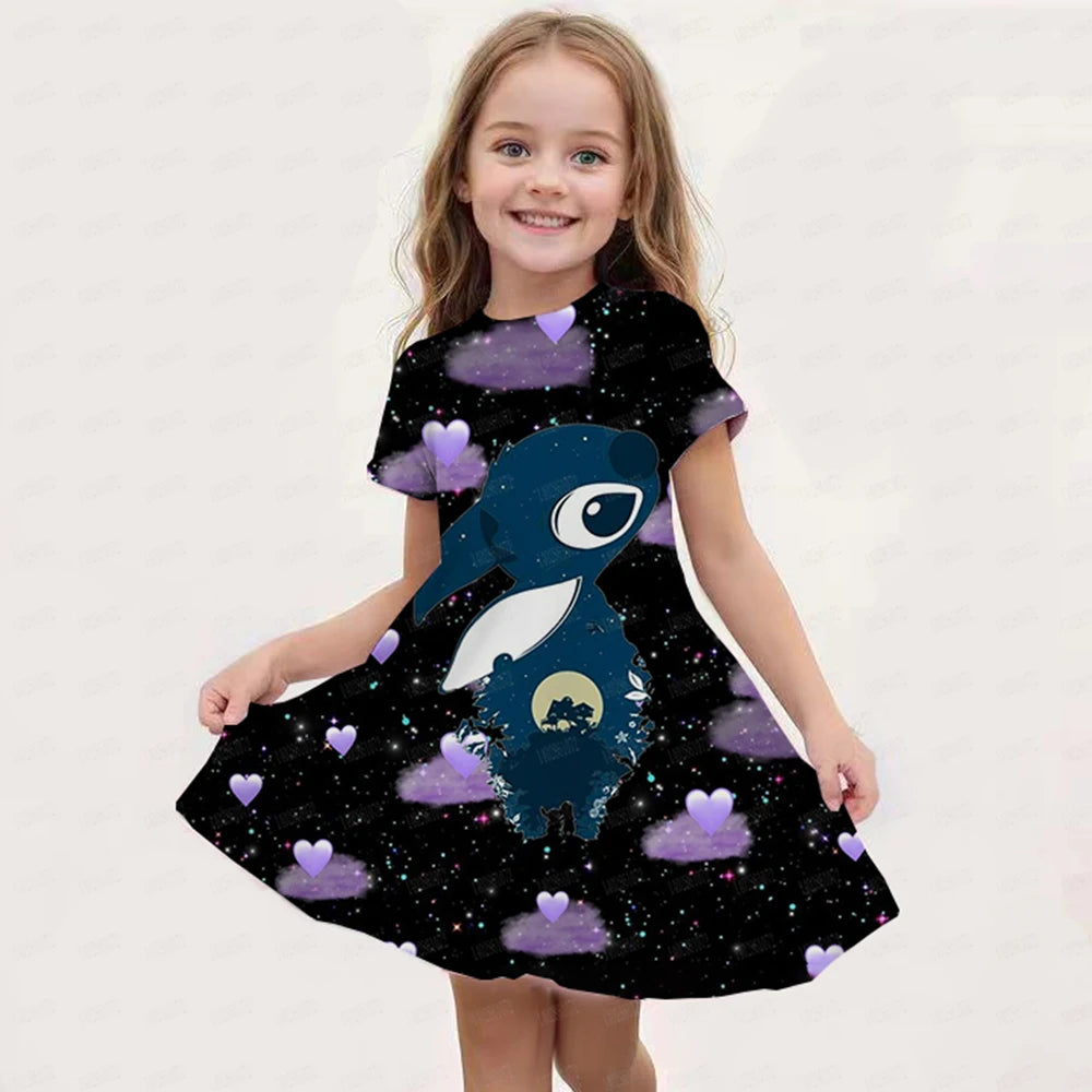 MINISO Summer New Girl Disney Stitch Dress Cartoon Cute Print Women's Dress Girl Short sleeved Princess Dress