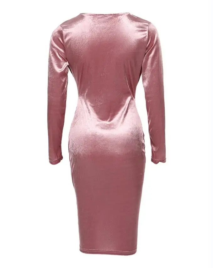 Hot Selling Sexy Dresses for Women 2024 Spring Summer Elegant Fashion Solid Color Velvet Long Sleeve Plunge Ruched Bodycon Dress