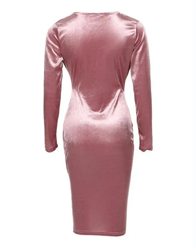 Hot Selling Sexy Dresses for Women 2024 Spring Summer Elegant Fashion Solid Color Velvet Long Sleeve Plunge Ruched Bodycon Dress