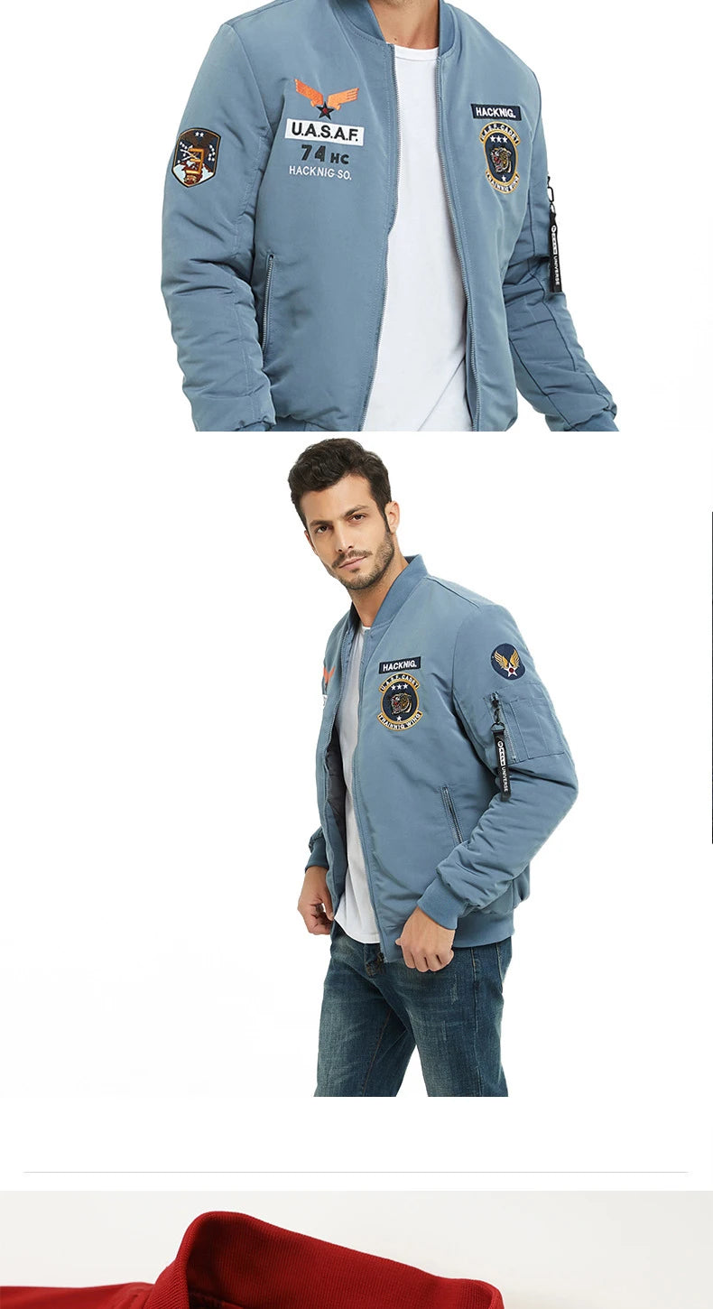 Autumn and winter MA1 pilot jacket men's American casual embroidered baseball suit work clothes thickened warm cotton jacket