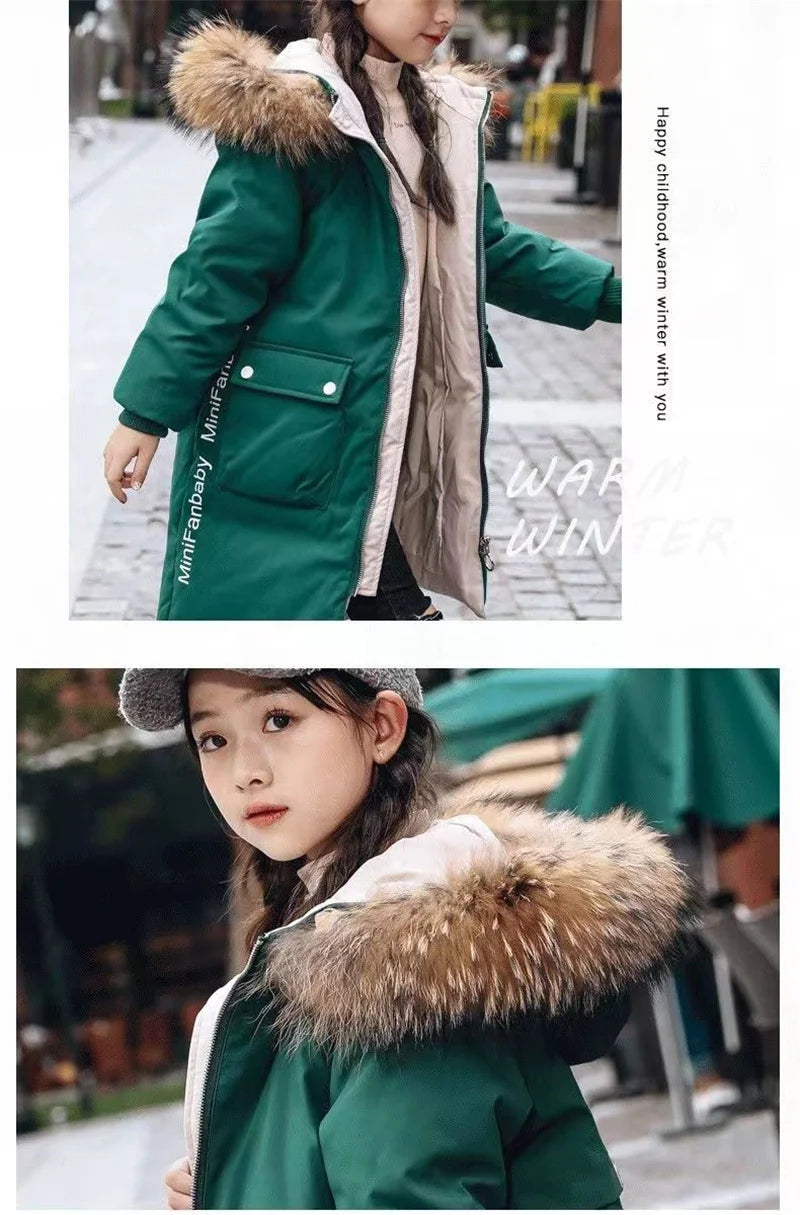 Winter Jackets For Girl Thick Warm Long Coats Kids Hooded Fur Collar Heavy Outerwear Big Children Cold Weather Parka Snowsuit