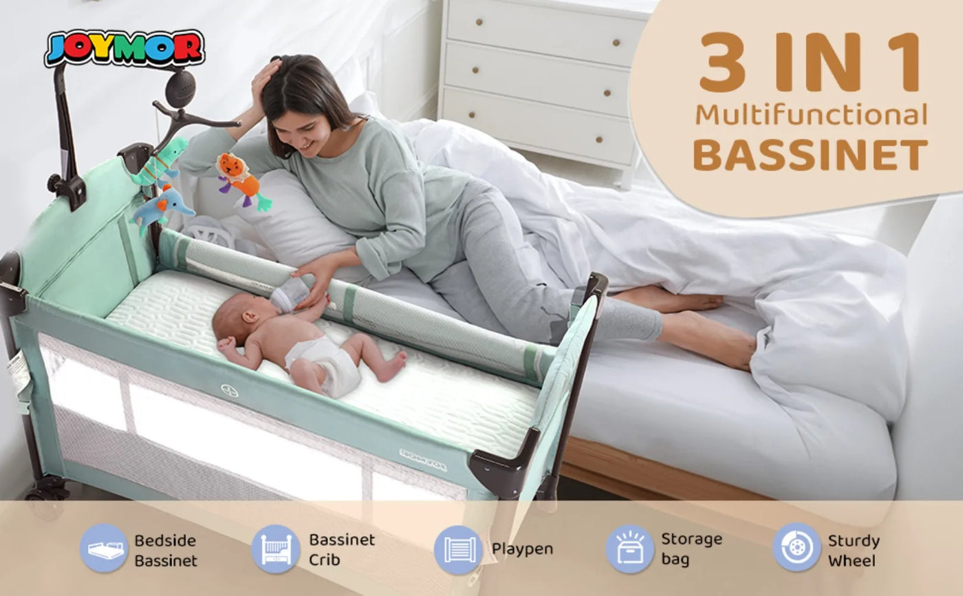 JOYMOR 3 in 1 Baby Bedside Sleeper, Bed Side with Mattress and Sheet, Convert to Bassinet, Playpen, Foldable Travel Bassinet Bed