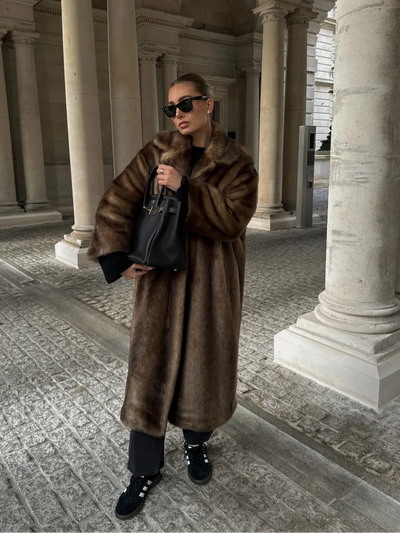 Women Chic Deep Brown Lapel Plush Faux Fur Loose Long Coats Fashion Full Sleeves Warm Jacket Autumn Winter Female New Streetwear