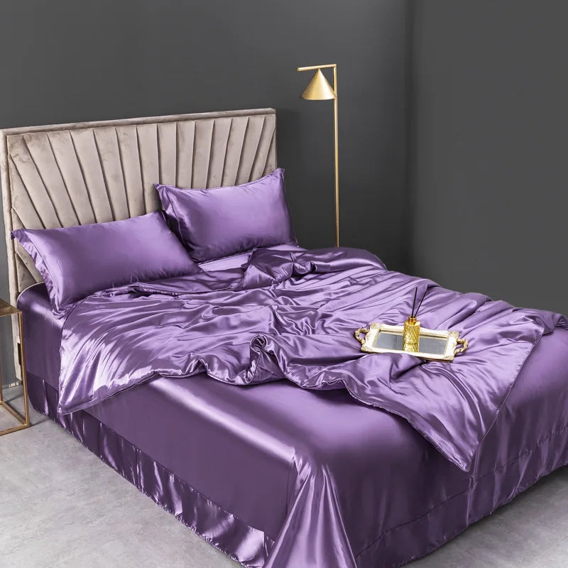 Comfortable Summer Real 100% Silk Satin Bedding Set with Duvet Cover Bed Sheet Pillowcases Luxury Quilt Grade A Bed Linen Set