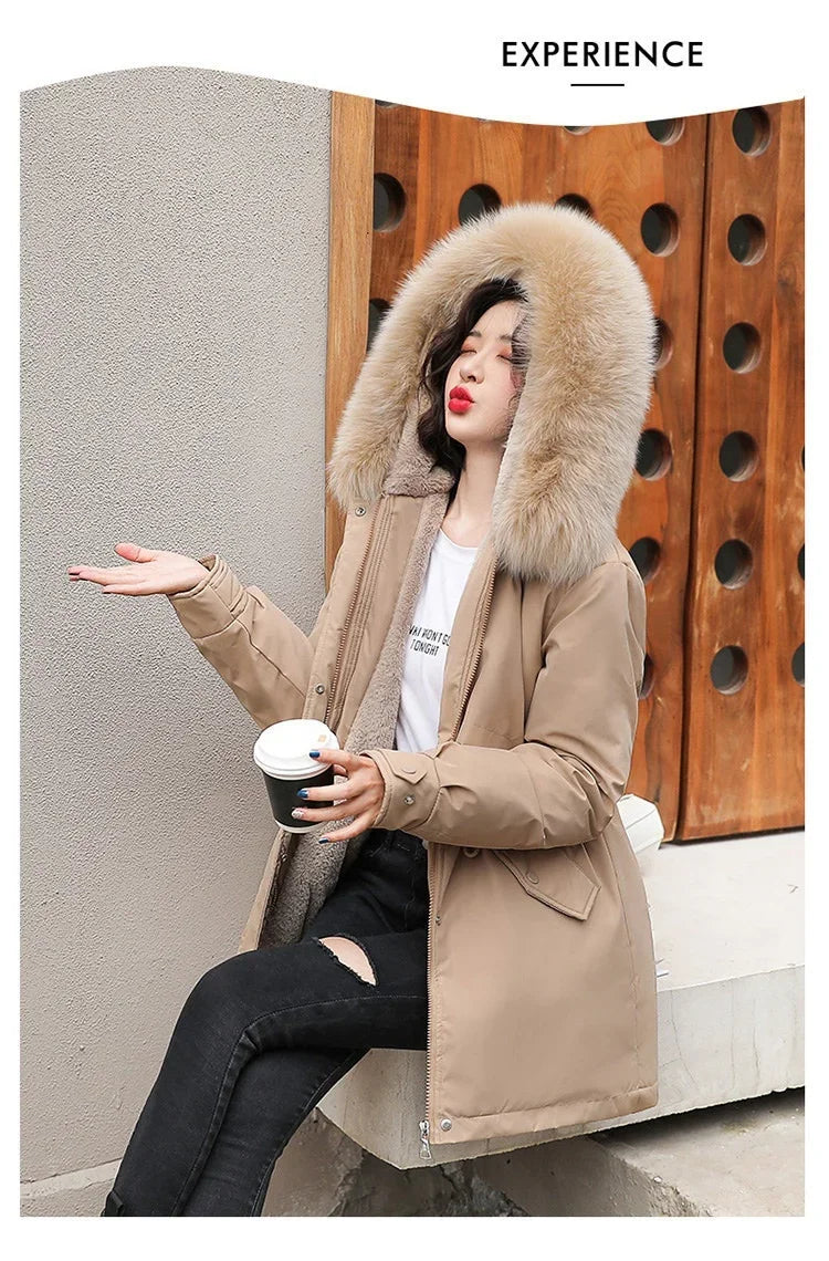 Women Parka Fashion Long Coat Wool Liner Hooded Parkas 2024 New Winter Jacket Slim with Fur Collar Warm Snow Wear Padded Clothes