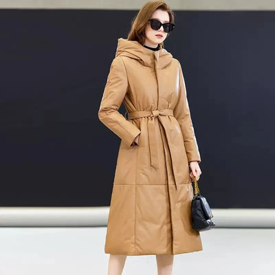 Wintet Women Hooded Genuine Leather Down Coat Thicken Warm Outerwear Slim Zipper High Street Office Ladies Sheepskin Long Jacket