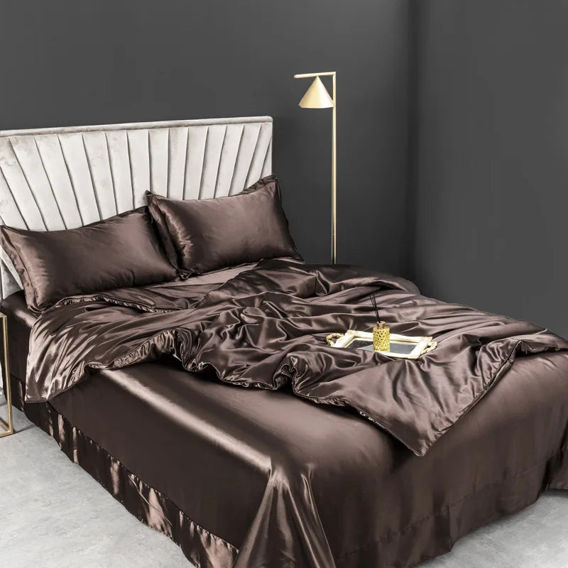 Comfortable Summer Real 100% Silk Satin Bedding Set with Duvet Cover Bed Sheet Pillowcases Luxury Quilt Grade A Bed Linen Set