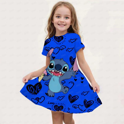 MINISO Summer New Girl Disney Stitch Dress Cartoon Cute Print Women's Dress Girl Short sleeved Princess Dress