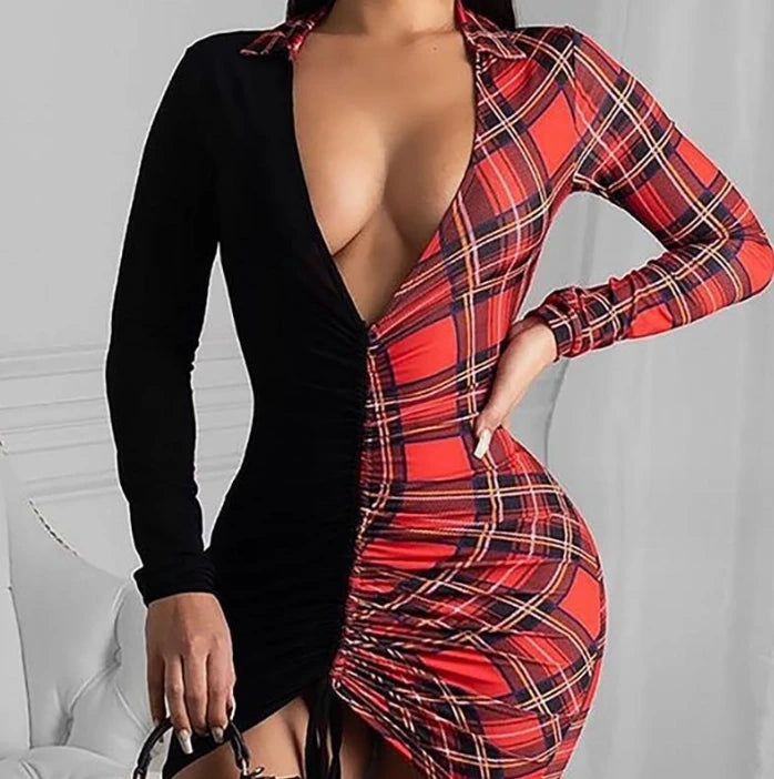 Women Dresses 2024 Spring Fashion Sexy Deep V-Neck Plaid Patchwork Cotton Blend Basic Pleated Club Party Dress Women's Clothing