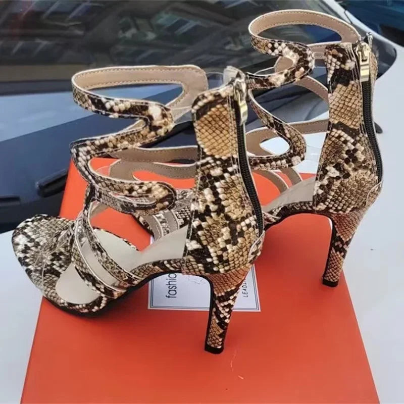 2023 Summer New Snake Skin Pattern High Heel Sandals Fish Mouth Slim Heel Fashion Large