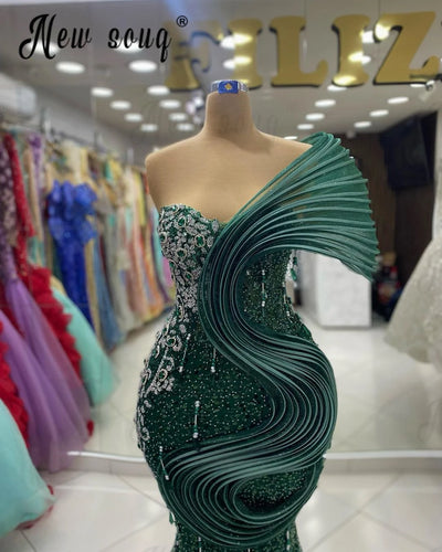 Emerald Green Formal Occasion Dresses Dubai 2024 Robes Bal De Promo Ruffles Sparkly Sequins Evening Prom Gowns Vestidos De Gala