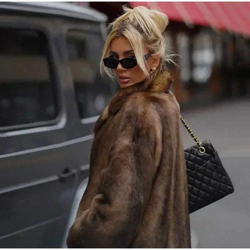 Women Chic Deep Brown Lapel Plush Faux Fur Loose Long Coats Fashion Full Sleeves Warm Jacket Autumn Winter Female New Streetwear