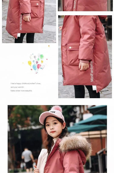 Winter Jackets For Girl Thick Warm Long Coats Kids Hooded Fur Collar Heavy Outerwear Big Children Cold Weather Parka Snowsuit