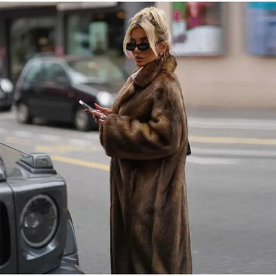 Women Chic Deep Brown Lapel Plush Faux Fur Loose Long Coats Fashion Full Sleeves Warm Jacket Autumn Winter Female New Streetwear